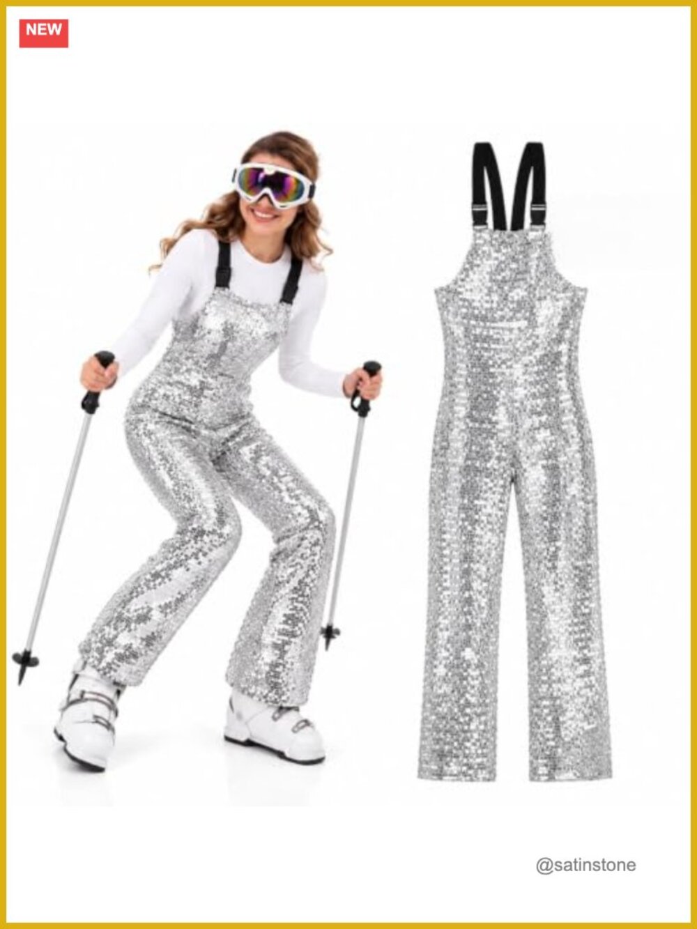 Sequin Disco Ski Bib Costume with Reflective Goggles Women Halloween